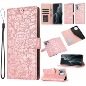 For Xiaomi Mi 11 Skin Feel Embossed Sunflower Horizontal Flip Leather Case with Holder & Card Slots & Wallet & Lanyard(Rose Gold) (OEM)