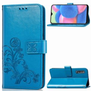 For Galaxy A30S Four-leaf Clasp Embossed Buckle Mobile Phone Protection Leather Case with Lanyard & Card Slot & Wallet & Bracket Function(Blue) (OEM)