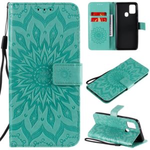 For Samsung Galaxy A21s Embossed Sunflower Pattern Horizontal Flip PU Leather Case with Holder & Card Slots & Wallet & Lanyard(Green) (OEM)