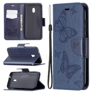For Nokia C1 Plus Two Butterflies Embossing Pattern Horizontal Flip Leather Case with Holder & Card Slot & Wallet & Lanyard(Dark Blue) (OEM)