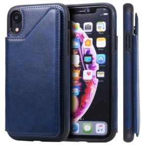 For iPhone XR Shockproof Calf Texture Protective Case with Holder & Card Slots & Frame(Blue) (OEM)