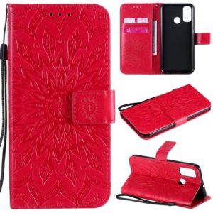 For Huawei P smart 2020 Embossed Sunflower Pattern Horizontal Flip PU Leather Case with Holder & Card Slots & Wallet & Lanyard(Red) (OEM)