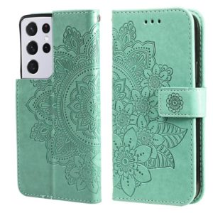 For Samsung Galaxy S21 Ultra 5G 7-petal Flowers Embossing Pattern Horizontal Flip PU Leather Case with Holder & Card Slots & Wallet & Photo Frame(Green) (OEM)