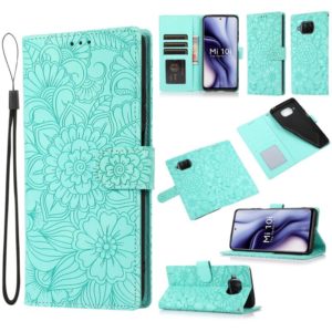 For Xiaomi Mi 10T Lite 5G Skin Feel Embossed Sunflower Horizontal Flip Leather Case with Holder & Card Slots & Wallet & Lanyard(Green) (OEM)