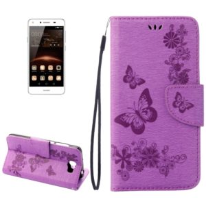 For Huawei Y5II Pressed Flowers Butterfly pattern Horizontal Flip Leather Case with Magnetic Buckle & Holder & Card Slots & Wallet(Purple) (OEM)
