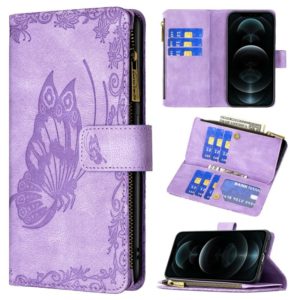 For iPhone 12 Pro Max Flying Butterfly Embossing Pattern Zipper Horizontal Flip Leather Case with Holder & Card Slots & Wallet(Purple) (OEM)