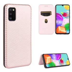 For Samsung Galaxy A41(Eurasian Version) Carbon Fiber Texture Horizontal Flip TPU + PC + PU Leather Case with Rope & Card Slot(Pink) (OEM)