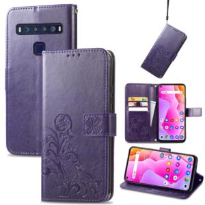 For TCL 10L Four-leaf Clasp Embossed Buckle Mobile Phone Leather Case(Purple) (OEM)