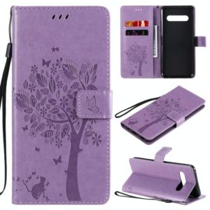 For LG V60 ThinQ 5G Tree & Cat Embossed Pattern Horizontal Flip Leather Case with Holder & Card Slots & Wallet & Lanyard(Light Purple) (OEM)