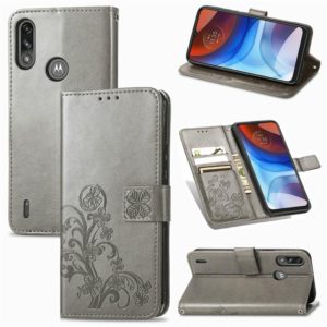 For Motorola E7 Power Four-leaf Clasp Embossed Buckle Mobile Phone Protection Leather Case with Lanyard & Card Slot & Wallet & Bracket Function(Grey) (OEM)