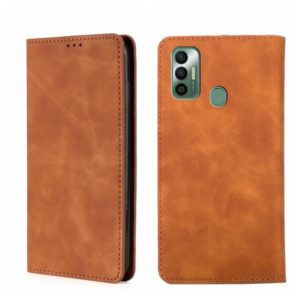 For Tecno Spark 7 Skin Feel Magnetic Horizontal Flip Leather Phone Case(Light Brown) (OEM)