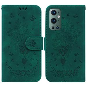 For OnePlus 9 Pro Butterfly Rose Embossed Leather Phone Case(Green) (OEM)