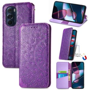 For Motorola Edge X30 Blooming Mandala Embossed Magnetic Leather Phone Case(Purple) (OEM)