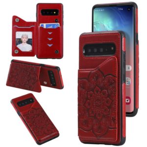 For Samsung Galaxy S10 Flower Embossing Pattern Shockproof Protective Case with Holder & Card Slots & Photo Frame(Red) (OEM)