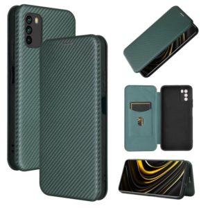 For Xiaomi Poco M3 Carbon Fiber Texture Horizontal Flip TPU + PC + PU Leather Case with Card Slot(Green) (OEM)