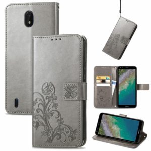 For Nokia C01 Plus Four-leaf Clasp Embossed Buckle Mobile Phone Protection Leather Case with Lanyard & Card Slot & Wallet & Bracket Function(Grey) (OEM)