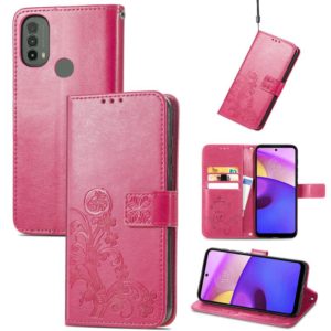 For Motorola Moto E40 Four-leaf Clasp Embossed Leather Case with Lanyard & Card Slot & Wallet & Holder(Rose Red) (OEM)