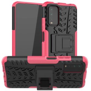 For Xiaomi Poco M3 /Redmi Note 9 4G Tire Texture Shockproof TPU+PC Protective Case with Holder(Pink) (OEM)