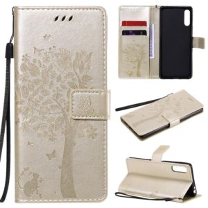 For Sony Xperia L4 Tree & Cat Embossed Pattern Horizontal Flip Leather Case with Holder & Card Slots & Wallet & Lanyard(Gold) (OEM)