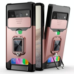 For Google Pixel 6 Sliding Camera Cover Design PC + TPU Shockproof Case with Ring Holder & Card Slot(Rose Gold) (OEM)