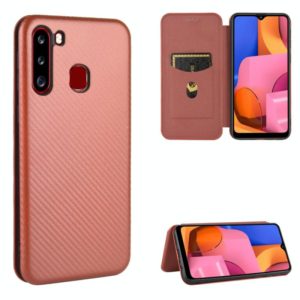For Samsung Galaxy A21(Eurasian Version) Carbon Fiber Texture Horizontal Flip TPU + PC + PU Leather Case with Rope & Card Slot(Brown) (OEM)