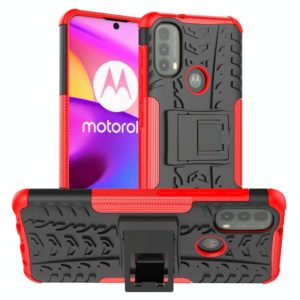 For Motorola Moto E40 Tire Texture TPU + PC Phone Case with Holder(Red) (OEM)
