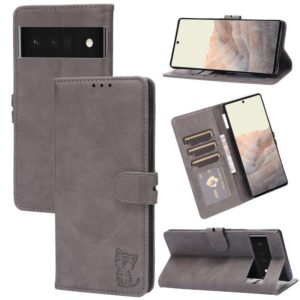 For Google Pixel 6 Pro Embossed Happy Cat Pattern Horizontal Flip Leather Case with Holder & Card Slots & Wallet(Grey) (OEM)