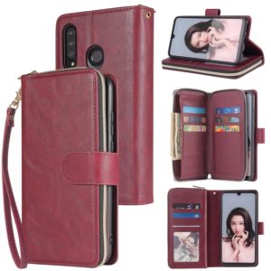 For Huawei P30 Lite Zipper Wallet Bag Horizontal Flip PU Leather Case with Holder & 9 Card Slots & Wallet & Lanyard & Photo Frame(Wine Red) (OEM)