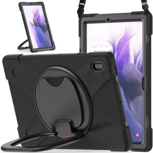 For Samsung Galaxy Tab S7 FE T730 Silicone + PC Protective Case with Holder & Shoulder Strap(Black+Black) (OEM)