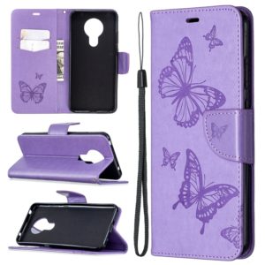 For Nokia 5.3 Two Butterflies Embossing Pattern Horizontal Flip Leather Case with Holder & Card Slot & Wallet & Lanyard(Purple) (OEM)