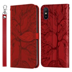 For Xiaomi Redmi 9A Life of Tree Embossing Pattern Horizontal Flip Leather Case with Holder & Card Slot & Wallet & Photo Frame & Lanyard(Red) (OEM)