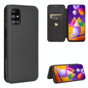 For Samsung Galaxy M31s Carbon Fiber Texture Horizontal Flip TPU + PC + PU Leather Case with Rope & Card Slot(Black) (OEM)