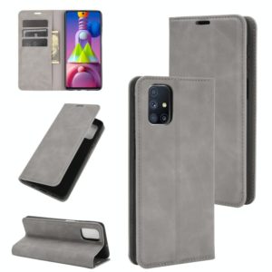 For Samsung Galaxy M51 (Side Fingerprint) Retro-skin Business Magnetic Suction Leather Case with Holder & Card Slots & Wallet(Grey) (OEM)