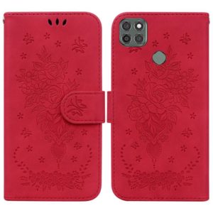 For Motorola Moto G9 Power Butterfly Rose Embossed Leather Phone Case(Red) (OEM)