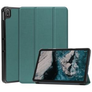 For Nokia T20 Three-folding Holder Custer Texture Leather Tablet Case(Dark Green) (OEM)