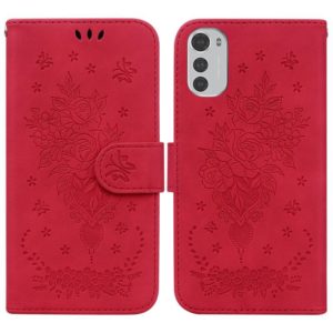 For Motorola Moto E32 Butterfly Rose Embossed Leather Phone Case(Red) (OEM)