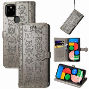 For Google Pixel 5a 5G Lovely Cat and Dog Embossing Pattern Horizontal Flip Leather Case , with Holder & Card Slots & Wallet & Cartoon Clasp & Lanyard(Grey) (OEM)
