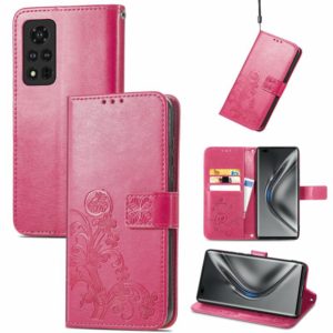 For Honor V40 5G Four-leaf Clasp Embossed Buckle Mobile Phone Protection Leather Case with Lanyard & Card Slot & Wallet & Bracket Function(Magenta) (OEM)