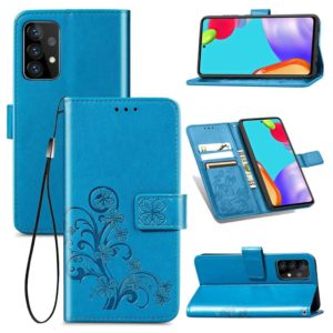 For Samsung Galaxy A52 5G / 4G Four-leaf Clasp Embossed Buckle Mobile Phone Protection Leather Case with Lanyard & Card Slot & Wallet & Bracket Function(Blue) (OEM)