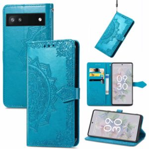 For Google Pixel 6a Mandala Flower Embossed Flip Leather Phone Case(Blue) (OEM)