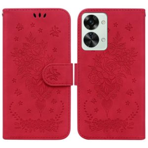 For OnePlus Nord 2T Butterfly Rose Embossed Leather Phone Case(Red) (OEM)