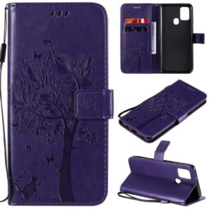 For Samsung Galaxy A21s Tree & Cat Embossed Pattern Horizontal Flip Leather Case with Holder & Card Slots & Wallet & Lanyard(Purple) (OEM)