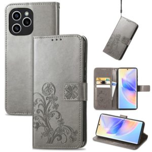For Honor 60 SE Four-leaf Clasp Embossed Buckle Leather Phone Case(Grey) (OEM)