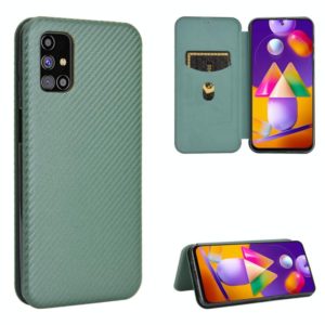 For Samsung Galaxy M31s Carbon Fiber Texture Horizontal Flip TPU + PC + PU Leather Case with Rope & Card Slot(Green) (OEM)