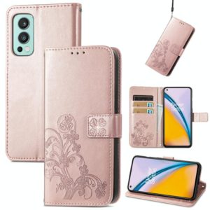 For OnePlus Nord 2 5G Four-leaf Clasp Embossed Buckle Mobile Phone Protection Leather Case with Lanyard & Card Slot & Wallet & Bracket Function(Rose Gold) (OEM)