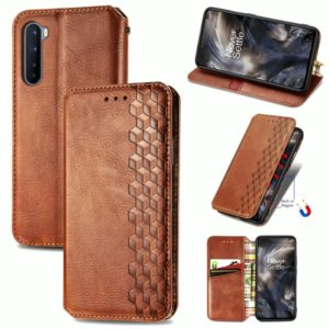 For One Plus Nord Cubic Grid Pressed Horizontal Flip Magnetic PU Leather Case with Holder & Card Slots & Wallet(Brown) (OEM)