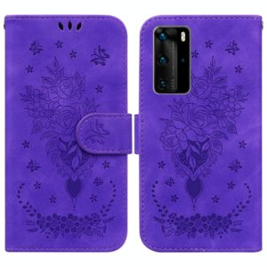For Huawei P40 Pro Butterfly Rose Embossed Leather Phone Case(Purple) (OEM)