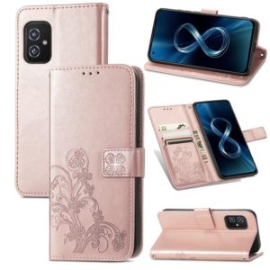 For Asus Zenfone 8 ZS590KS Four-leaf Clasp Embossed Buckle Mobile Phone Protection Leather Case with Lanyard & Card Slot & Wallet & Bracket Function(Rose Gold) (OEM)