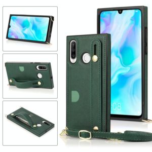 For Huawei P30 Lite Wrist Strap PU+TPU Shockproof Protective Case with Crossbody Lanyard & Holder & Card Slot(Green) (OEM)