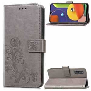 For Galaxy A50S Four-leaf Clasp Embossed Buckle Mobile Phone Protection Leather Case with Lanyard & Card Slot & Wallet & Bracket Function(Gray) (OEM)